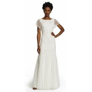 $348 Adrianna Papell Beaded White Flutter Sleeve Vback Wedding Gown 6 NWT
